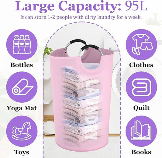 125L Pink Laundry Basket, Extra Large Clothes Basket with Handles, Waterproof Dirty Clothes Hamper, Collapsible Laundry Bin Stand Upright, Sturdy Storage Basket for Bathroom, Flat, Pink