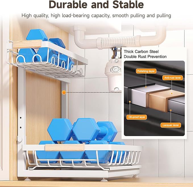 2 Packs Under Sink Organizer, High Adjustable 2 Tier Under Kitchen sink organizer, Multi-Purpose Storage Shelf for Kitchen Bathroom Cabinet (White)