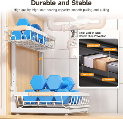 2 Packs Under Sink Organizer, High Adjustable 2 Tier Under Kitchen sink organizer, Multi-Purpose Storage Shelf for Kitchen Bathroom Cabinet (White)
