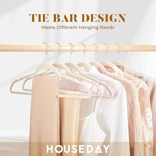 HOUSE DAY Velvet Hangers with Tie Bar 20 Pack Ivory, Clothes Hanger Non-Slip, Space Saving Felt Hangers for Pants, Coat, Suits, Shirt, Scarf, No Hanger Marks