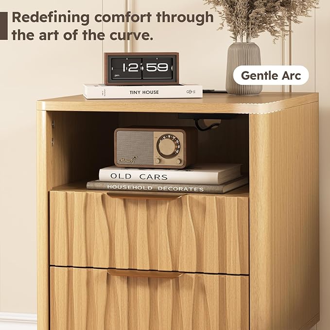 HOTAMO Nightstand Set of 2 with Charging Station,Night Stand with 2 Wave-Patterned Panel Drawer and Open Shelf,Modern Bedside Table for Bedroom,Living Room,Oak End Table