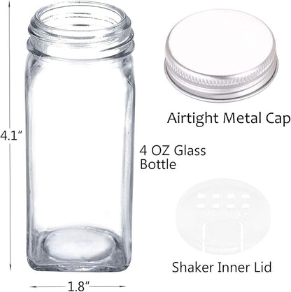 SWOMMOLY 66 Glass Spice Jars with 703 Spice Labels, Chalk Marker and Funnel Complete Set. 66 Square Glass Jars 4oz, Airtight Cap, Pour/sift Shaker Lid