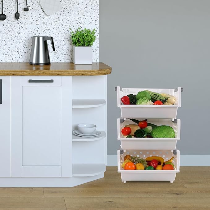 4 Pack White Large Plastic Stackable Storage Bins, Organizer Kitchen Stacking Basket Bin