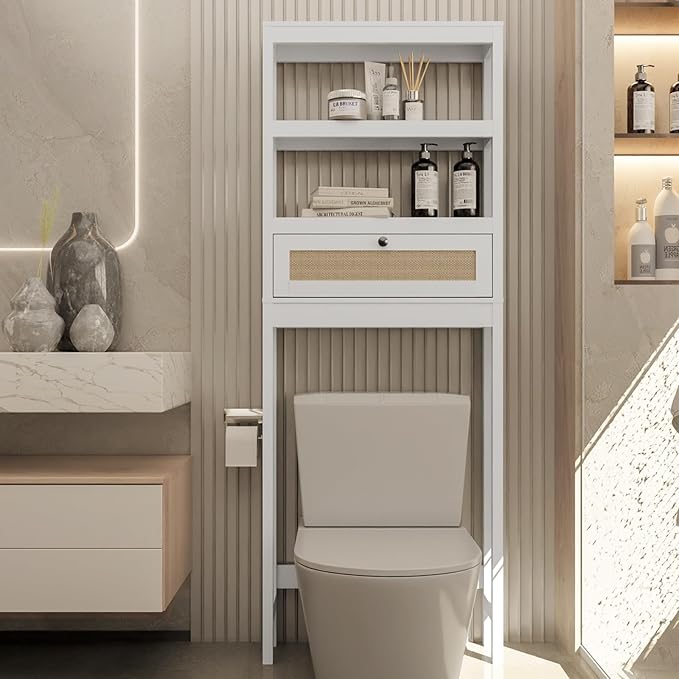 GORZING Over The Toilet Storage Cabinet, 3-Tier Bathroom Organizer with Rattan Door, Wooden Space Saver for Restroom, Bathroom, Laundry