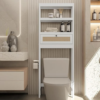 GORZING Over The Toilet Storage Cabinet, 3-Tier Bathroom Organizer with Rattan Door, Wooden Space Saver for Restroom, Bathroom, Laundry