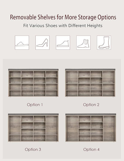 DINZI LVJ Shoe Storage Bench with Cushion, 16-Cubby Shoe Rack, Adjustable Shelves, Multifunctional Shoe Organizer Bench for Entryway, Mudroom, Hallway, Living Room, Bedroom and Garage, Greige