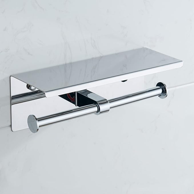 BGL Toilet Paper Holder - Stainless Steel Toilet Paper Roll Holder with Shelf Wall Mounted for Bathroom (Silver, Double Head)