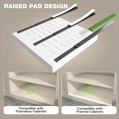 Seinloes 2 Pack Pull Out Cabinet Organizer 24" Deep,Full Extension 3 Slide Rails Slide Out Drawers With Raising Pad for Framed Cabinets,Expandable Width (15.4"-26.2"),No Drill Roll Out shelf,White
