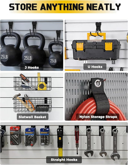 AZUNO 32Pcs Slatwall Accessories Set with 4 Slatwall Baskets & 26 Multi-Sized Slatwall Hooks and 2 Heavy-Duty Storage Straps for Garage, Workshop, and Home Organization Storage