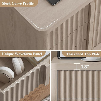Harpaq Fluted Nightstand with Charging Station, 23.6" Night Stand with Solid Wood Handle, Mid Century Modern Bedside Table End Table 3 Drawer Dresser for Bedroom, Living Room, White Alder