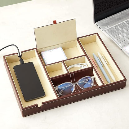Juvale Rectangular Catchall Tray - 6-Compartment Nightstand Organizer - Polished Key Bowl - Portable Drawer Organizer - Brown Faux Leather
