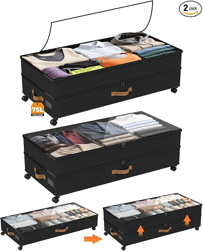 BETBEM Under Bed Storage with Wheels 2-Pack, 75L XXL Under the Bed Storage Containers Large, 12" Tall Adjustable Storage for Underbed with Lids, Rolling for Shoes, Clothes, Blankets (Black)