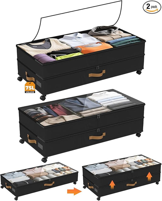 BETBEM Under Bed Storage with Wheels 2-Pack, 75L XXL Under the Bed Storage Containers Large, 12" Tall Adjustable Storage for Underbed with Lids, Rolling for Shoes, Clothes, Blankets (Black)