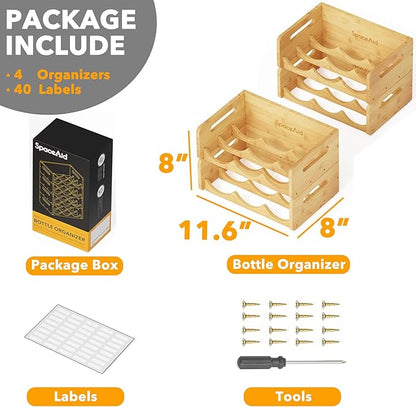 SpaceAid Bamboo Water Bottle Organizer with Labels, Kitchen Pantry Water Bottle Storage Rack for Cabinets, Home Cup and Wine Bottle Holder Shelf Organizers, 4 Pack 3-Slot, Hold 12 Bottles