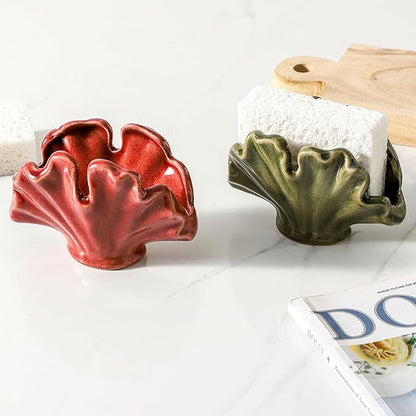 Uiddo Ceramic Sponge Holder,Sponge Holder for Kitchen Sink,Compact Sink Caddy Organizer-Scouring Pad and Dish Holder,Farmhouse Kitchen Decor Cute Gadgets Accessories(Green)