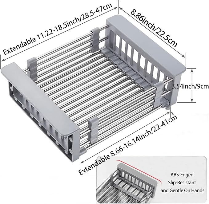 Large Dish Drying Rack for Kitchen Counter/Sink, Expandable Stainless Steel Sink Organization and Storage Essentials, Home and Appartment Decor, 8.86" W x 11.22"-18.5" L,Grey