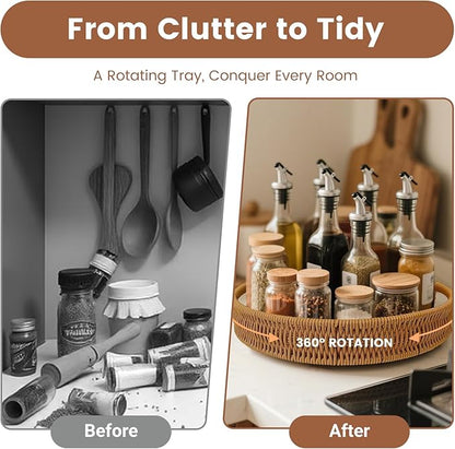 12 Inch Rattan Lazy Susan Turntable Organizer, Round Rotating Wicker Serving Tray with Handles for Kitchen Counter, Coffee Table, Cabinet Storage