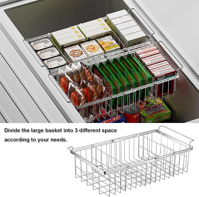 Freezer Organizer Bins for Chest Freezer, Capacity Expandable Deep Freezer Baskets Hanging Chest Freezer Organizer with Divider Sheets, Length Extendable Between 15.5" ~ 24.5"