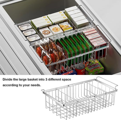 Freezer Organizer Bins for Chest Freezer, Capacity Expandable Deep Freezer Baskets Hanging Chest Freezer Organizer with Divider Sheets, Length Extendable Between 15.5" ~ 24.5"