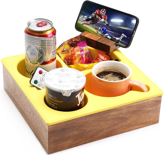 Couch Cup Holder Tray, Handy Soft Silicone Acacia Wooden Couch Caddy for Bed Car Seat Beach Organizer, Waterproof Anti-spill Sofa Cup Holder for Snacks Beverage Remote (Yellow)