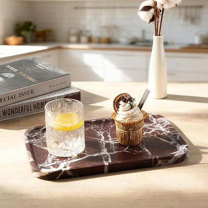 Marble Vanity Tray, 11.8in Stone Bathroom Tray for Countertop, Red Decorative Tray for Dresser Organizer, Luxury Serving Tray for Kitchen, Storage Dish for Kitchen Sink, Perfume, Jewelry Holder