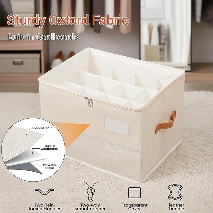 Chewlish Shoe Organizer for Closet, Foldable Shoe Box Storage Containers with Clear Cover, Smooth Zipper, Reinforced Handles and Bottom Support, Space Saving Shoes Holder, Beige (1, Small)