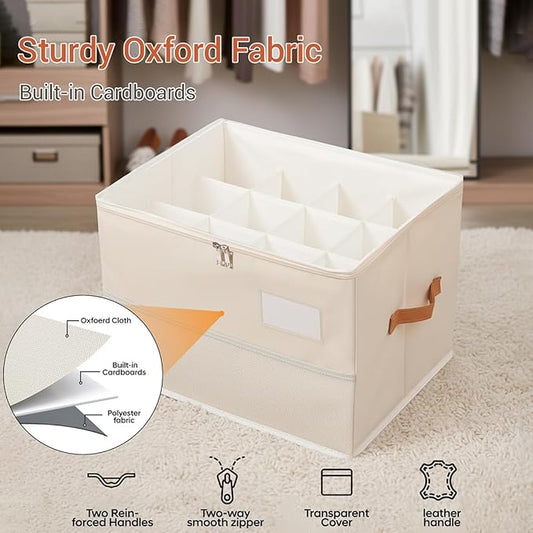Shoe Organizer for Closet, Foldable Shoe Box Storage Containers with Clear Cover, Smooth Zipper, Reinforced Handles and Bottom Support, Space Saving Shoes Holder, Beige (2, Small)