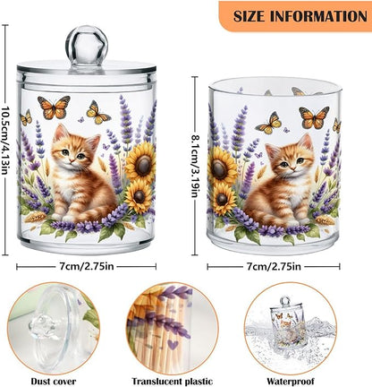 MNSRUU 2 Pack Qtip Holder Organizer Dispenser Cute Ginger Kitten and Flowers Pink Bathroom Storage Canister Cotton Ball Holder Bathroom Containers for Cotton Swabs/Pads/Floss