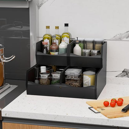 3 Set Bamboo Pantry Organizers and Storage, Open Front Vegetable Fruit Seasonings Stackable Storage Bins, Rustic Stacking Storage Bins for Pantry, Office, Bedroom, Kitchen Counter Organizer (Black)