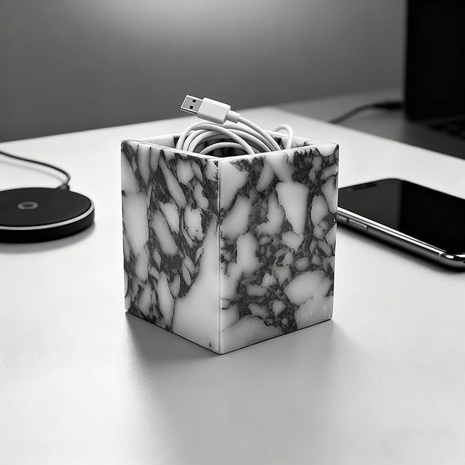 Marble Pen Holder, White Stone Rectangular Desktop Organizer, Office Study Makeup Brush Storage, Home Desk Decor, Minimalist Design, Durable Marble Accessory