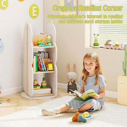 HONEY JOY Kids Rotating Bookshelf, Wooden Spinning Small Corner Organizer, 360°Display Standing Toddler Bookshelf, Narrow Storage Rack, Montessori Book Shelf for Nursery, Classroom, Playroom, Bedroom