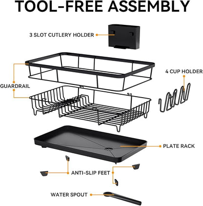 TOOLF Large Dish Drying Rack for Kitchen Counter,Kitchen Dish Racks with Drainboard,Sink Dish Strainer Rack,Countertop Dish Drainer Rack with Cup & Utensil Holders,Black