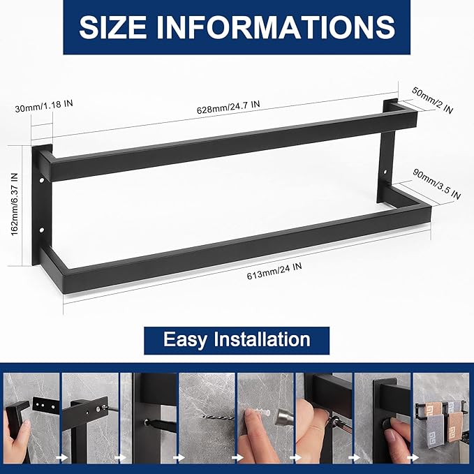 NearMoon Bathroom Towel Bar, Towel Rod Holder, Square Shelf Rack Hanging Towel for Bath, Thicken SUS304 Stainless Steel Towel Rack Wall Mounted-2-Tier Bath Accessories (24 Inch, Matte Black)