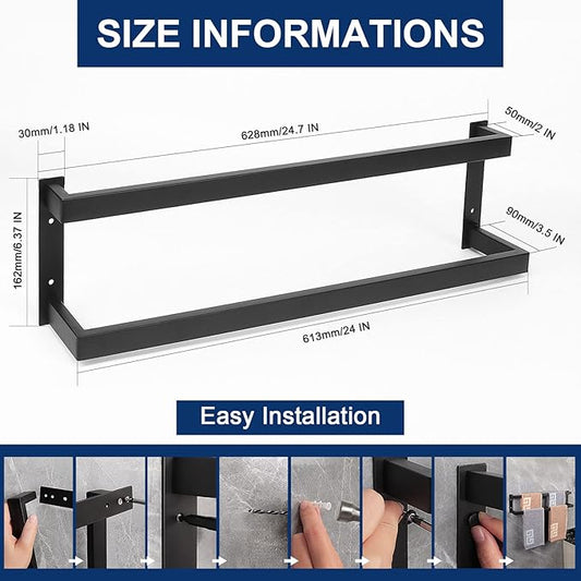 NearMoon Bathroom Towel Bar, Towel Rod Holder, Square Shelf Rack Hanging Towel for Bath, Thicken SUS304 Stainless Steel Towel Rack Wall Mounted-2-Tier Bath Accessories (24 Inch, Matte Black)