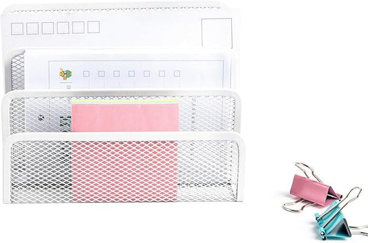 VANRA Small Letter Sorter Desktop File Holder Organizer Metal Mesh with 3 Vertical Upright Compartments (White)