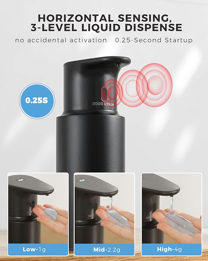 DODO MEKIA Automatic Liquid Soap Dispenser Touchless, 304 Stainless Steel Bottle Body &16.2oz/480ml Rechargeable, 3 Adjustable Liquid Levels, IPX7 Waterproof, for Kitchen Bathroom, Black