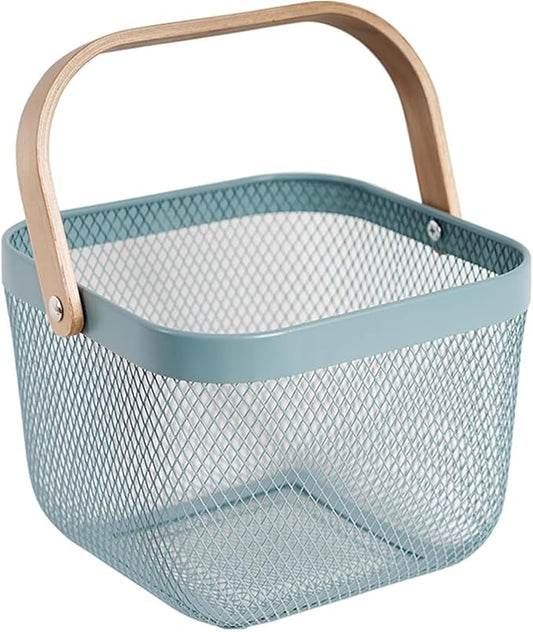 Metal Mesh Wire Basket, Small Steel Basket with Wooden Handle Storage Organizer Basket Multi-functional Hanging Kitchen Baskets Fruit Baskets for Kitchen Bathroom Cabinet Pantry Snacks, Blue