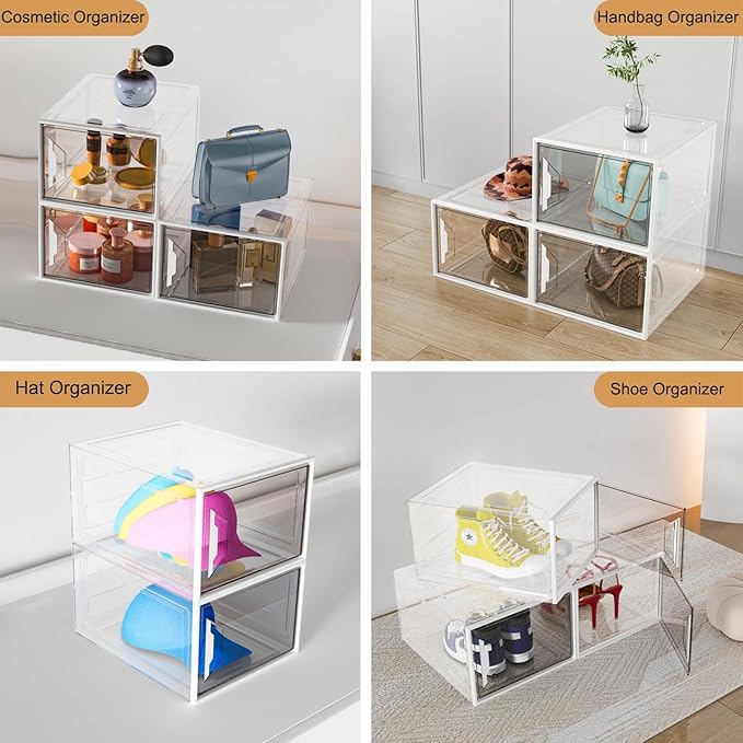 ADTO X-Large Stackable Shoe Boxes - Clear Plastic Shoe Storage Boxes with Magnetic Door, Thicken Shoe Organizer for Closet, Space Saving Foldable Shoe Containers Bins for Sneaker Boot - 8 Pack(White)