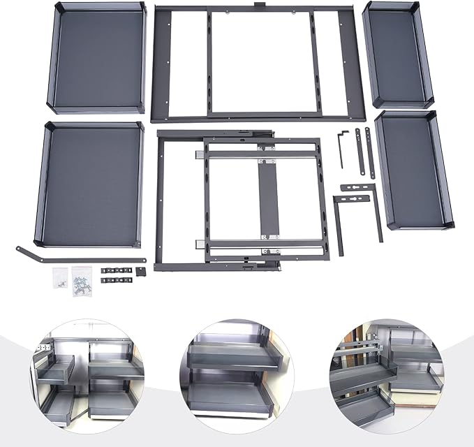 QIANMOON Kitchen Corner Cabinet Pull Out, Magic Pull Out Open, 2 Tiers Swing Tray, Blind Corner Soft Close, for Place Pots and Pans, Containers, Spice Jars
