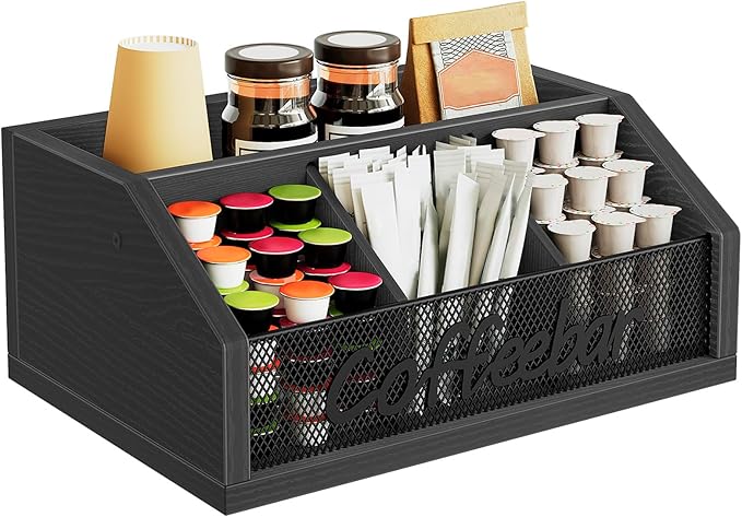 Coffee Bar Organizer, Wooden Coffee Pod Organizer for Countertop, Versatile Pod Holder with Dividers, Holds Syrup, Cups, Tea Bags, Easy Assembly, Black KH11BB