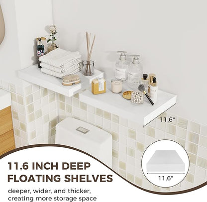 Fun Memories 12 Inch Deep Floating Shelves, 16 x 12 Wooden Wall Shelves, Extra Deeper & Thicker Rustic Wall Mounted Storage Shelf for Fireplace, Living Room, Kitchen, Farmhouse, White - 3Pack