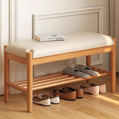 Solid Wood Shoe Bench with Cushion, 2-Tier Shoe Rack for Front Door Entrance, Enterway Benches with Shoe Storage (Natural, 39.4in)