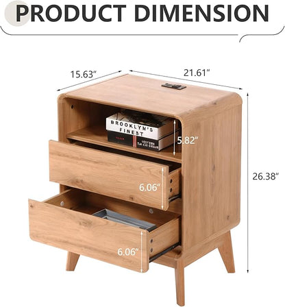 GlowVitaHome Nightstand, Wood Bedside Table with 2 Drawers and Open Storage Shelf, Accent End Table with Solid Wood Legs for Bedroom,Nature