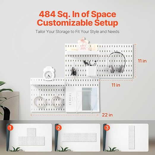 VEVOR Pegboard Combination Kit, 11" x 11" Plastic Pegboard, 4 Panels, Peg Board Wall Organizer Kit with Accessories, for Garage Tool Storage Kitchen Living Room Craft Room Office Bathroom Home, White