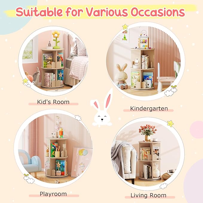 HONEY JOY Kids Rotating Bookshelf, Wooden Spinning Small Corner Organizer w/Baffles, 360°Display Standing Toddler Bookshelf, Narrow Storage Rack, Montessori Book Shelf for Nursery, Playroom (Coffee)