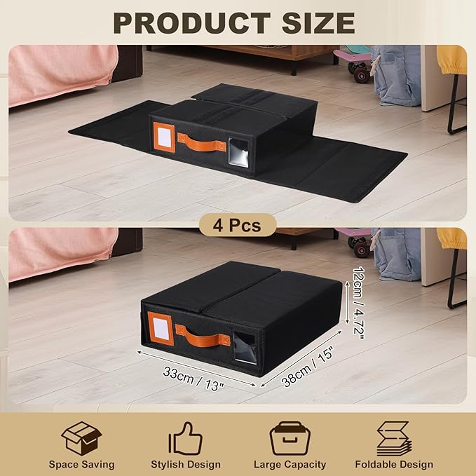uxcell 4 Pack Bed Sheet Organizers and Storage with PU Handle, Foldable Bedding Duvet Cover Set Organizer Storage Closet and Under Bed Storage Containers, Black