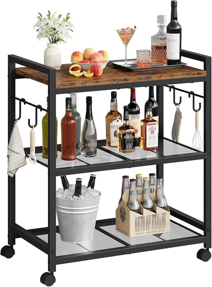 3-Tier Rolling Bar Cart, Vintage Metal Kitchen Cart with Wheels, Mobile Storage Shelf, Rolling Microwave Stand with Mesh Shelves for Home Bar, Kitchen, Rustic Brown and Black TTC06BF