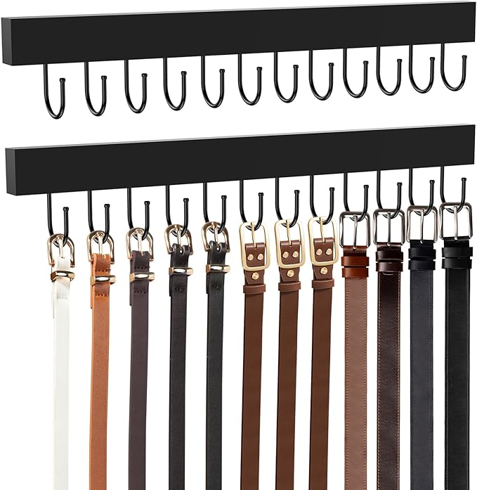 HOMEBROS Belt Hanger Wall Mount, Wooden Closet Belt Organizer with 24 Metal Hooks, Large Capacity, Black, 2 Pcs