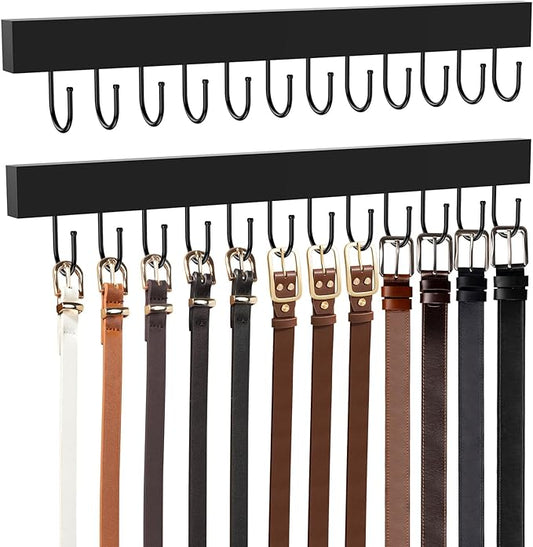 HOMEBROS Belt Hanger Wall Mount, Wooden Closet Belt Organizer with 24 Metal Hooks, Large Capacity, Black, 2 Pcs