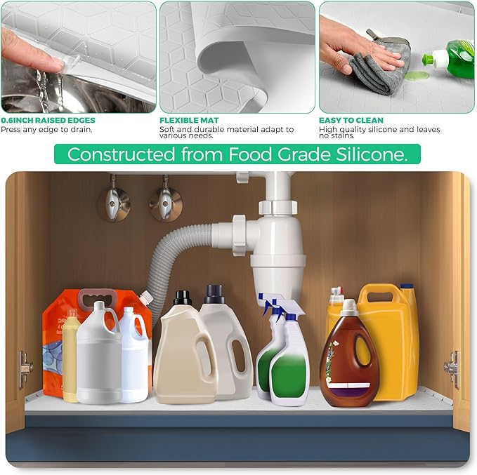 TRZZ Silicone Waterproof Under Sink Mat 34" x 19", Drip Tray and Cabinet Liner for Kitchen and Bathroom, Prevents Water Damage and Organizes Cabinets (Brown)